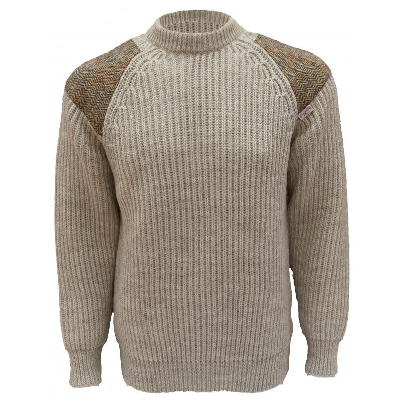Chunky Crew Neck Grey Sweater With Harris Tweed Patches