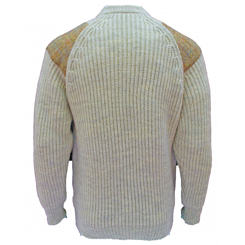 Chunky Crew Neck Grey Sweater With Harris Tweed Patches