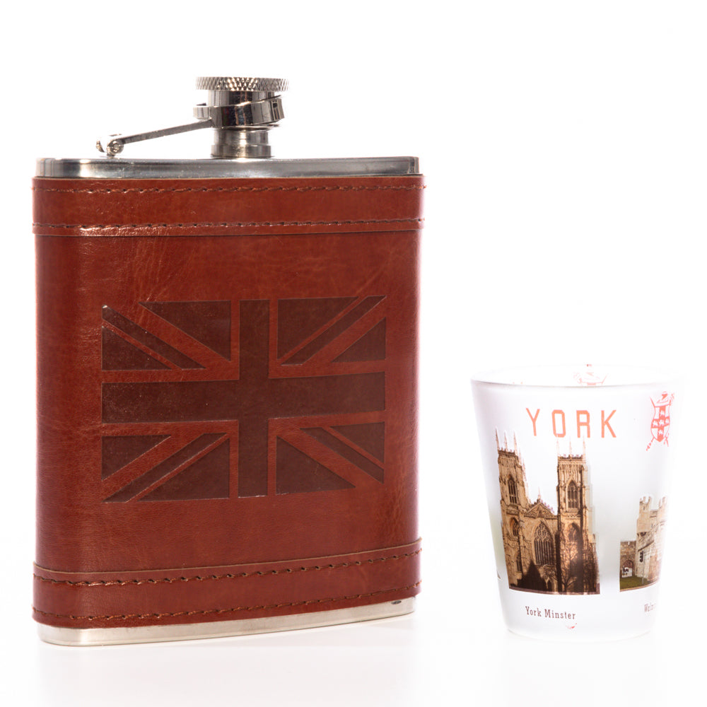 Leather Union Jack Hip Flask 7oz