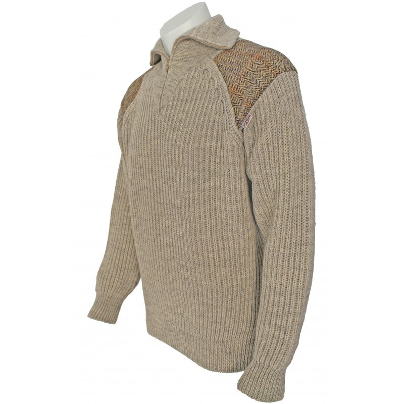 Chunky Quarter Zip Neck Sweater With Harris Tweed Patches