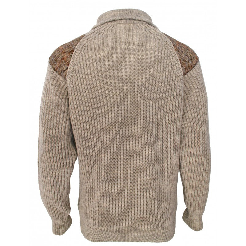 Chunky Quarter Zip Neck Sweater With Harris Tweed Patches