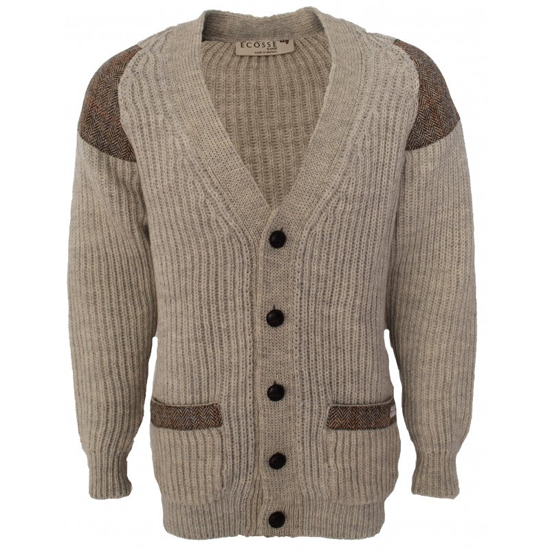 Chunky Knit Traditional Cardigan With Harris Tweed Patches