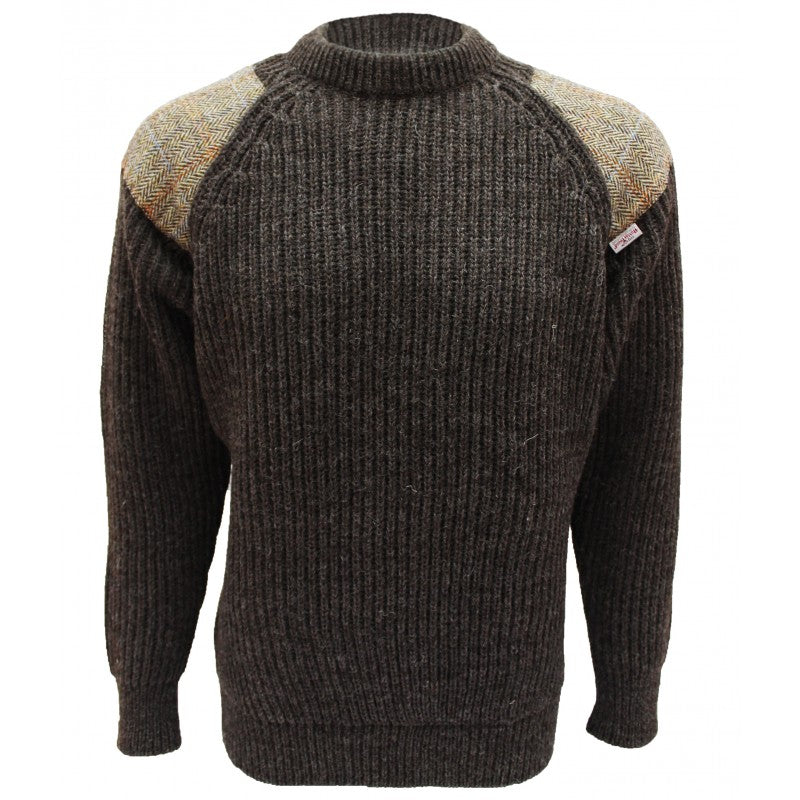 Chunky Crew Neck Sweater With Harris Tweed Patches