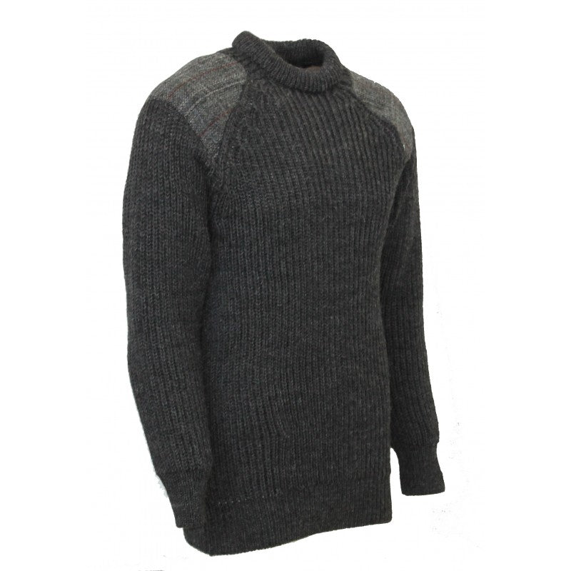 Chunky Crew Neck Charcoal Sweater With Harris Tweed Patches