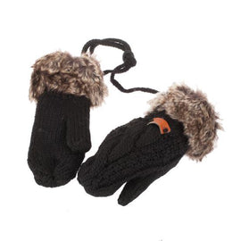 Knitted Faux Fur Mitten Black
