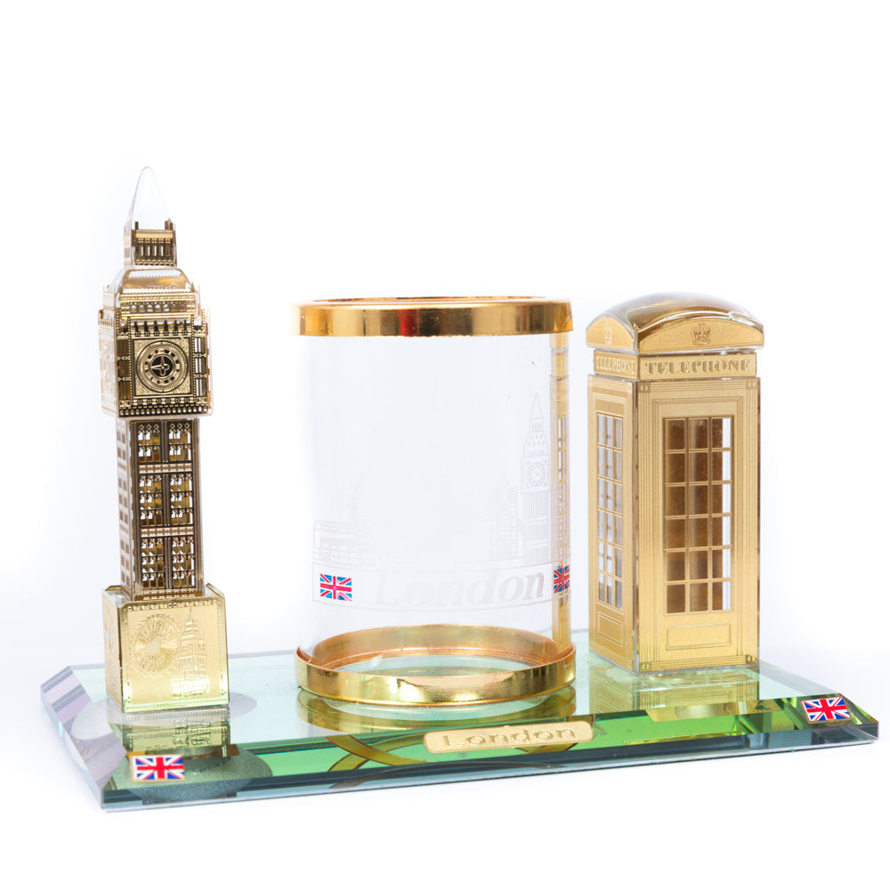 Crystal Gold Pen Stand With Telephone & Big Ben