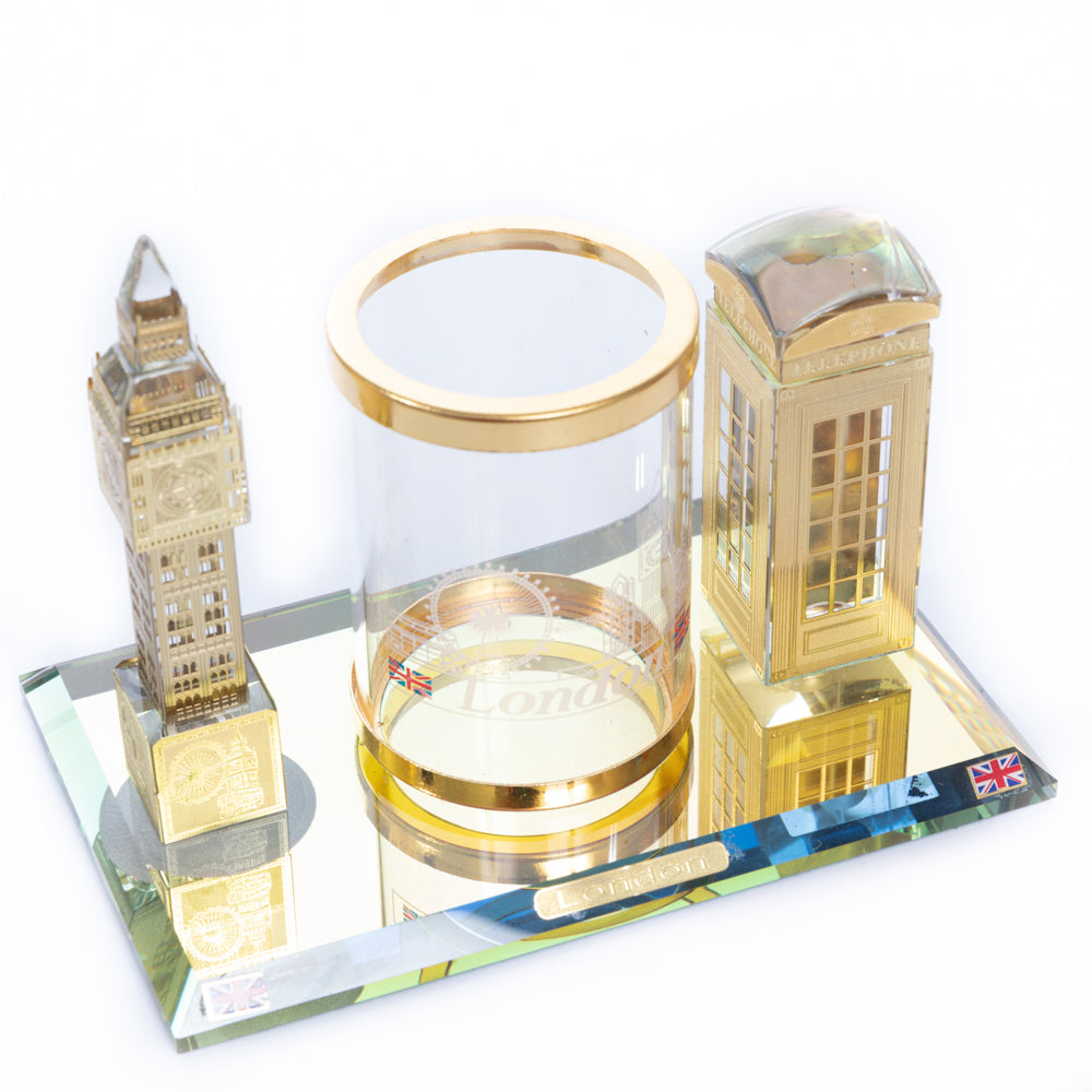 Crystal Gold Pen Stand With Telephone & Big Ben