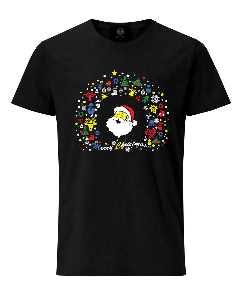 Christmas Black T-Shirt with Santa and Gift Icons