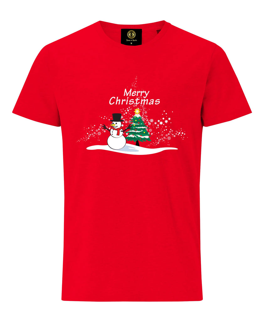 Christmas Tree With Snowman T-Shirt Red | mens christmas tshirt