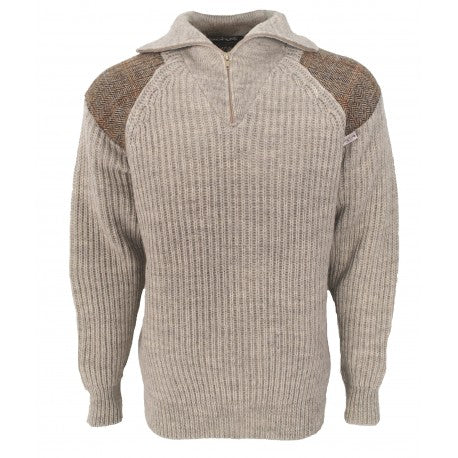 Chunky Quarter Zip Neck Sweater With Harris Tweed Patches